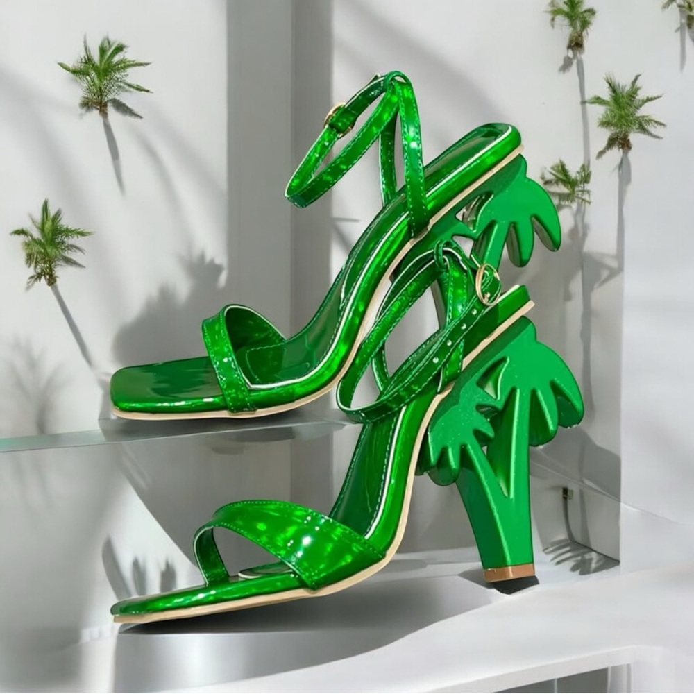 Size 8.5 New No Box Unbranded PALM Tree Metallic Green Strappy Heeled Sandals